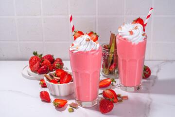 Rhubarb and strawberry milkshake or smoothie, refreshing summer drink, Healthy dieting and...