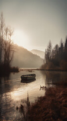 Closeup small wooden boat on a lake in the wild in the early morning