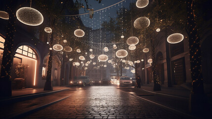 Evening view of deserted street scene with fantastic festive lights - obrazy, fototapety, plakaty