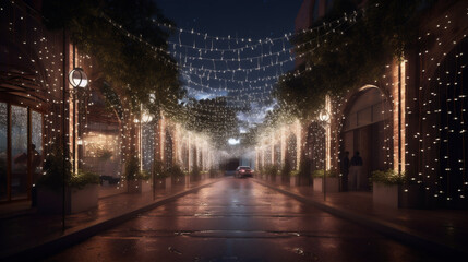 Fototapeta na wymiar Evening view of deserted street scene with fantastic festive lights
