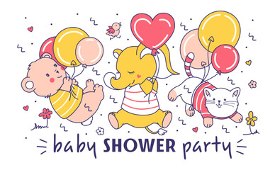 Funny baby shower concept with cute baby animals: bear cub, little elephant and kitten flying with balloons. Isolated cartoon print. characters. Used as vector decoration for kids Birthday party.