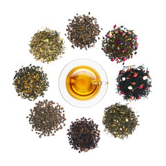 Set of Tea heapes around a cup of tea