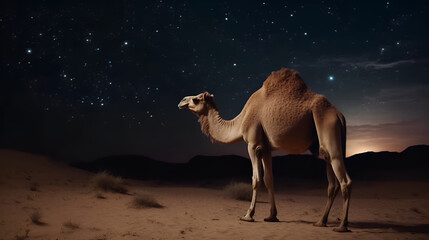 Camel in the Sahara desert at night watching a beautiful galaxy. Generative AI