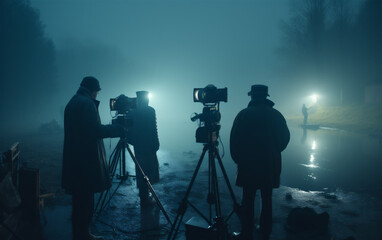 Fototapeta premium Film shooting scene outdoors, in a dark foggy field