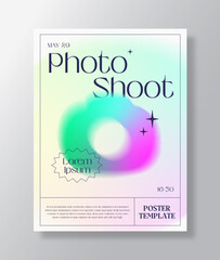 Blurry shapes with y2k aura brutalism effect abstract vector poster template. Colorful decorative holographic gradient elements with typography. Trendy distressed banner Isolated