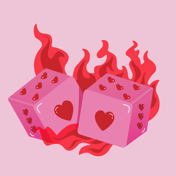 Dice or gaming dice for gambling, pink color with hearts. Vector illustration EPS10.
