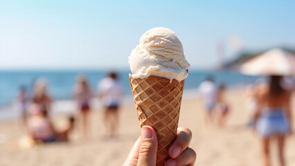Ice cream cone and tye background is a busy summer beach with Generative AI.