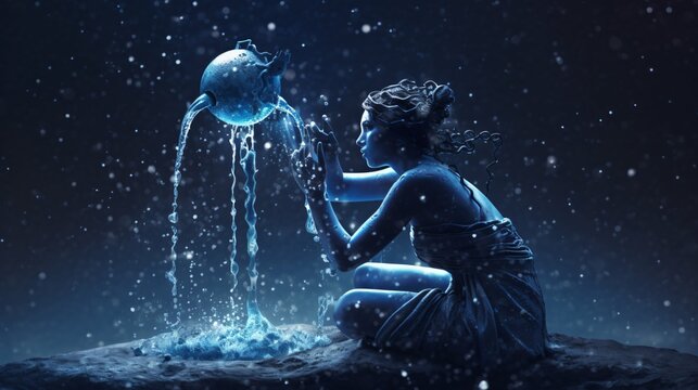 Aquarius Zodiac star sign wallpaper background illustration design, water girl, sky, Generative AI