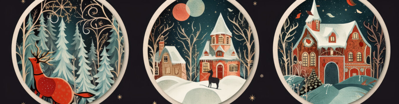 vintage Christmas ornaments image, style of flat illustrations. Generative AI Illustration.