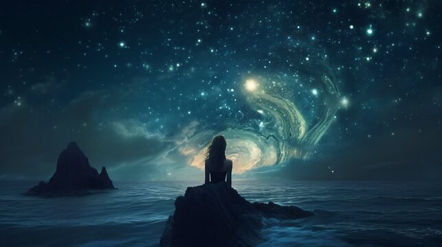 Aquarius Zodiac star sign wallpaper background illustration design, water girl, sky, Generative AI