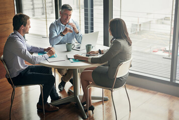 Business people, manager and meeting planning, target increase and workflow ideas and management on computer. Professional woman, men employees and boss talking, listening and collaboration on laptop