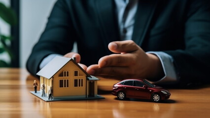 Businessman protecting house model and car with hands on table with Generative AI.