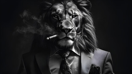 portrait of a lion gangster, mafia, smoking a cigar. Generative AI