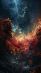 Fototapeta na wymiar Closeup dreamy blue-red toned nebula sky