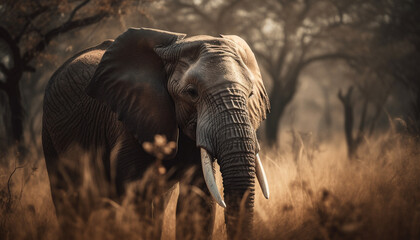 Obraz na płótnie Canvas African elephant grazing in tranquil savannah sunset generated by AI