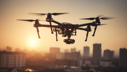Fototapeta na wymiar Silhouette hovering mid air, drone filming cityscape sunset generated by AI