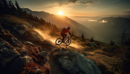 Men cycling mountain bikes on rocky terrain generated by AI