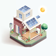 Smart home with solar panels. Isometric vector illustration
