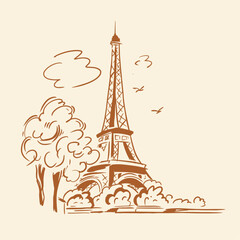 Fototapeta na wymiar Eiffel Tower in Paris on a beige background. Landmark of Paris. Vector linear illustration. Sketch style.
