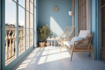 Fototapeta premium Modern cozy balcony, classic clean interior design with blue, white and beige colors. Super photo realistic background, generative ai illustration