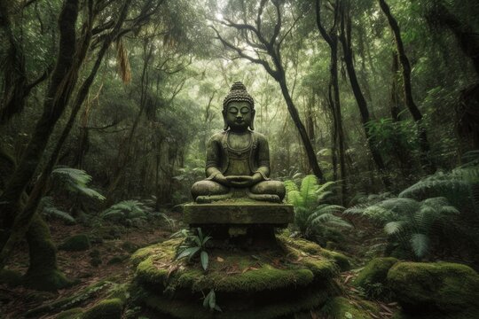 Tranquil Harmony: Captivating Image of Buddha Statue Amidst a Serene Green Forest