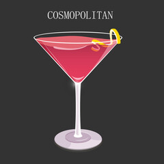 Alcoholic cocktail Cosmopolitan in a martini glass with lemon zest on a dark background with text. Vector illustration EPS10.