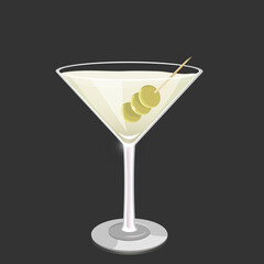 Martini glass with olives on a dark background. Vector illustration EPS10.