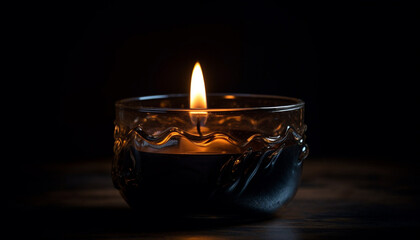 Glowing candlelight illuminates dark table, igniting spirituality generated by AI