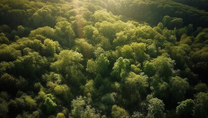 Naklejka na ściany i meble Green meadow, mountain, and tree beauty captured by drone generated by AI