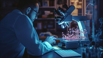 Fototapeta na wymiar A scientist analyzes a new species of fungus under the microscope. .Generative AI