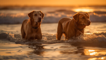 Golden retriever playing in wet waves at sunset generated by AI