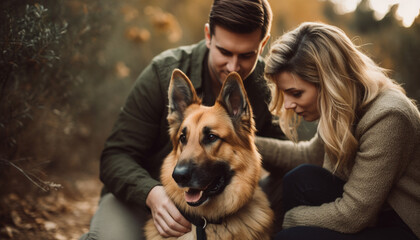 Smiling couple embraces playful German Shepherd outdoors generated by AI