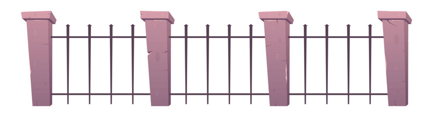 Entry gates and fence made from steel and concrete in cartoon style vector illustration
