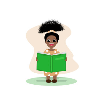 A cheerful African-American child with a bright hairstyle and a book in her hands.