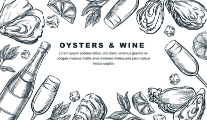 Oysters and wine or champagne tasting banner, poster, party flyer. Vector sketch illustration of bottle, glasses, oyster - 604042611