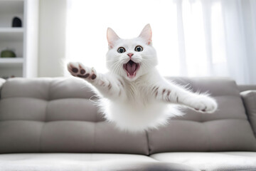 crazy white cat jumping on sofa