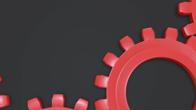 sechs sich ineinandergreifende drehende rote Zahnr&auml;der, Verzahnung, Teamarbeit, Mechanismus, Fortschritt, Entwicklung, 3D, Arbeit, Motorik, drehen, Drehung,