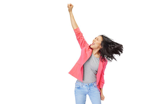 Photo of young attractive asian woman scream wear trendypink suit fists up hooray celebrate shopping season isolated on free PNG background