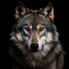 Majestic Wolf Portrait on Black Background. AI
