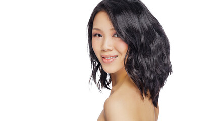 Fototapeta premium Beautiful adult asian woman with clean fresh skin on white background, Face care, Facial treatment, Cosmetology, beauty and spa, Asian women isolated on free PNG Background.
