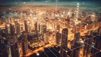 Fototapeta na wymiar Glowing skyscrapers illuminate the crowded city streets below generated by AI