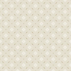 Luxury golden vector seamless pattern. Simple geometric floral ornamental background. Abstract ornament texture with small flower silhouettes, petals, curved lines, grid repeat tiles. Elegant design