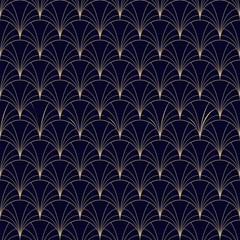 Luxury art deco seamless pattern. Golden vector geometric linear texture with thin curved lines, fish scale ornament, peacock pattern, grid, lattice. Elegant black and gold abstract background design