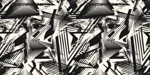 Abstract black and white grunge seamless pattern. Urban art texture with paint splashes, chaotic shapes, lines, dots, patches. Sport graffiti style vector background. Repeat funky sporty geo design - obrazy, fototapety, plakaty