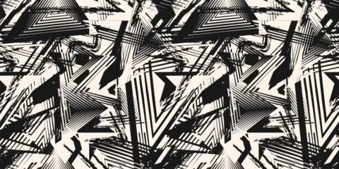 Gordijnen Abstract black and white grunge seamless pattern. Urban art texture with paint splashes, chaotic shapes, lines, dots, patches. Sport graffiti style vector background. Repeat funky sporty geo design © Olgastocker