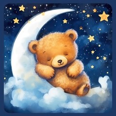 cucciolo di orso su sulla luna e fra le nuvole nella notte con cielo stellato - obrazy, fototapety, plakaty