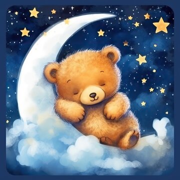 cucciolo di orso su sulla luna e fra le nuvole nella notte con cielo stellato