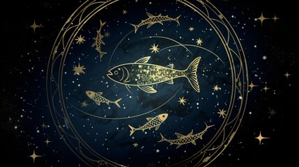 Obraz na płótnie Canvas Pisces Zodiac sign background wallpaper illustration design, fish, stars, cute, Generative AI