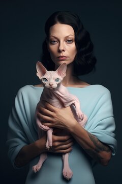 Beautiful woman with pink hair posing with her naked pink sphynx cat on blue background. Generated AI.