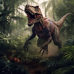 Majestic Tyrannosaurus Rex Roaming the Jungle. AI